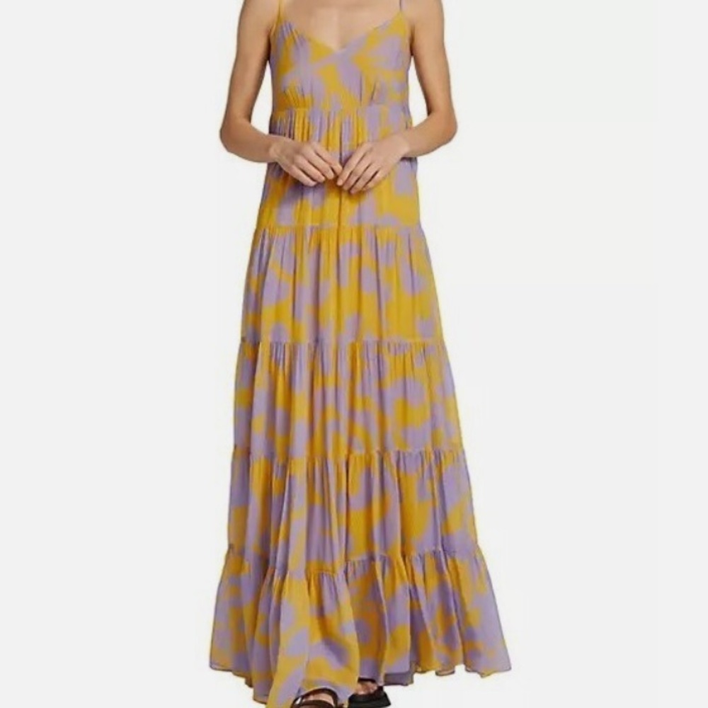 RHODE maxi dress yellow purple abstract Xs Designer tiered Josephine